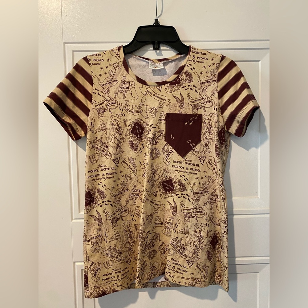 CUSTOM one of a kind Marauder’s Map Harry Potter Crew neck stretchy top sm/med